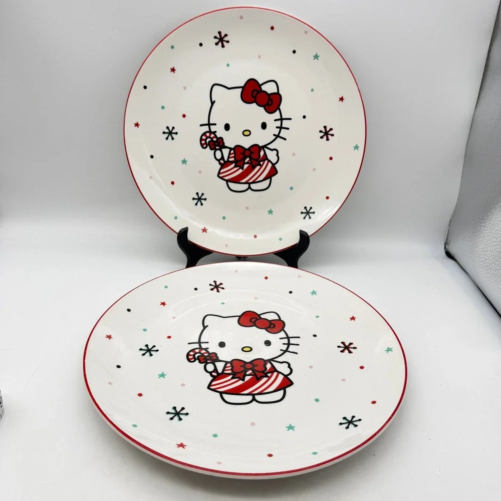 Hello Kitty Christmas Ceramic dinner Plates Silver Buffalo Sanrio Holiday 10.5